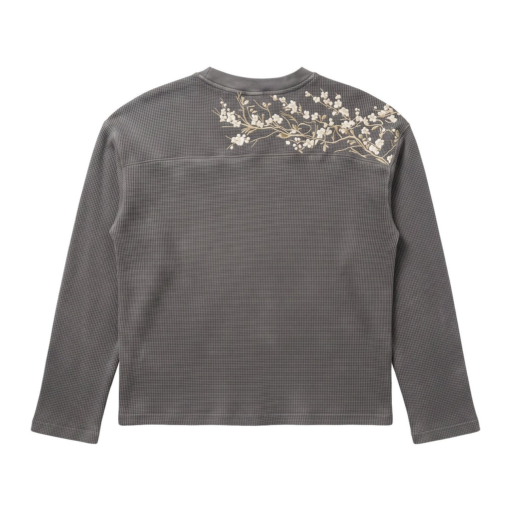 Blossom Longsleeve in Smoke, Rückansicht mit gestickten Kirschblüten