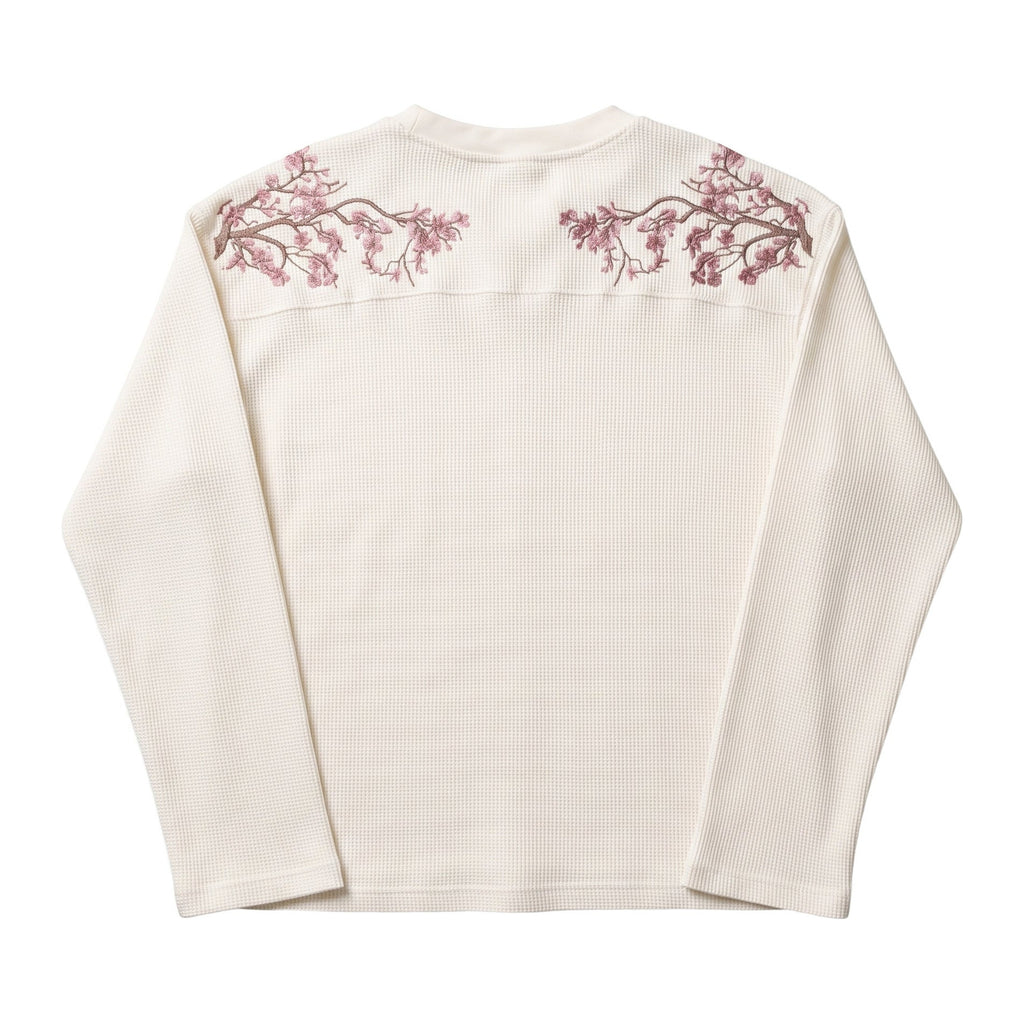 Blossom Longsleeve in Bone, Rückansicht mit gestickten Kirschblüten